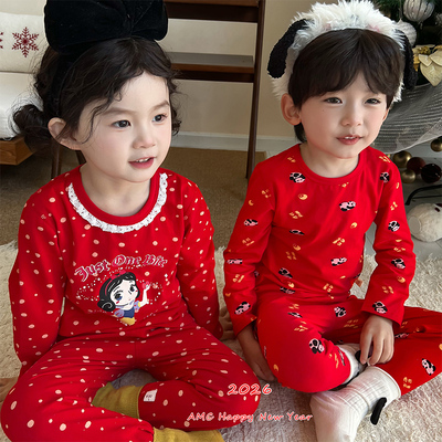 儿童内衣套装男女童保暖无骨家居服睡衣新年喜庆红色纯棉秋衣秋裤