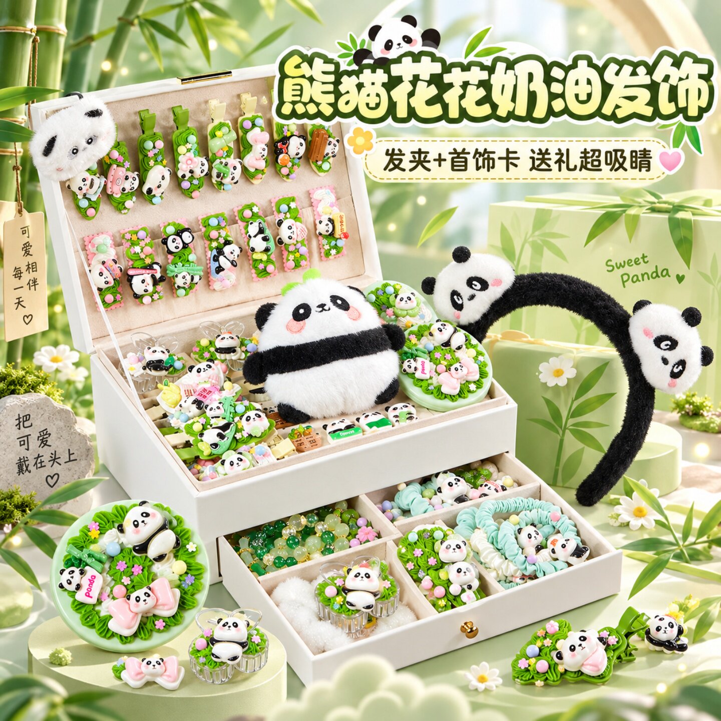 女童奶油胶熊猫发箍礼盒