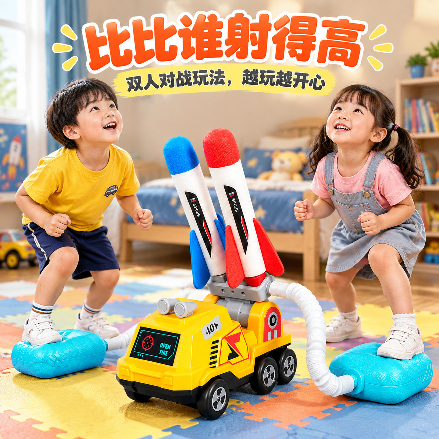 脚踩冲天小飞箭炮车儿童户外室内玩具男女孩可发光火箭队弹射飞机