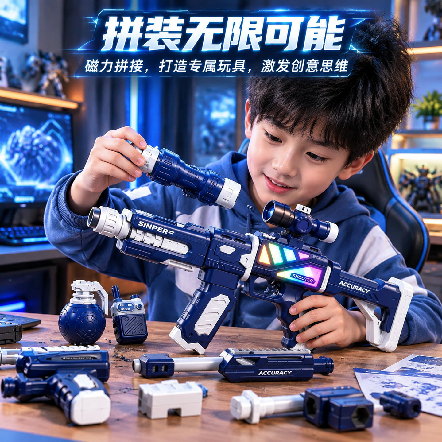 儿童磁力电动声光拼装玩具枪