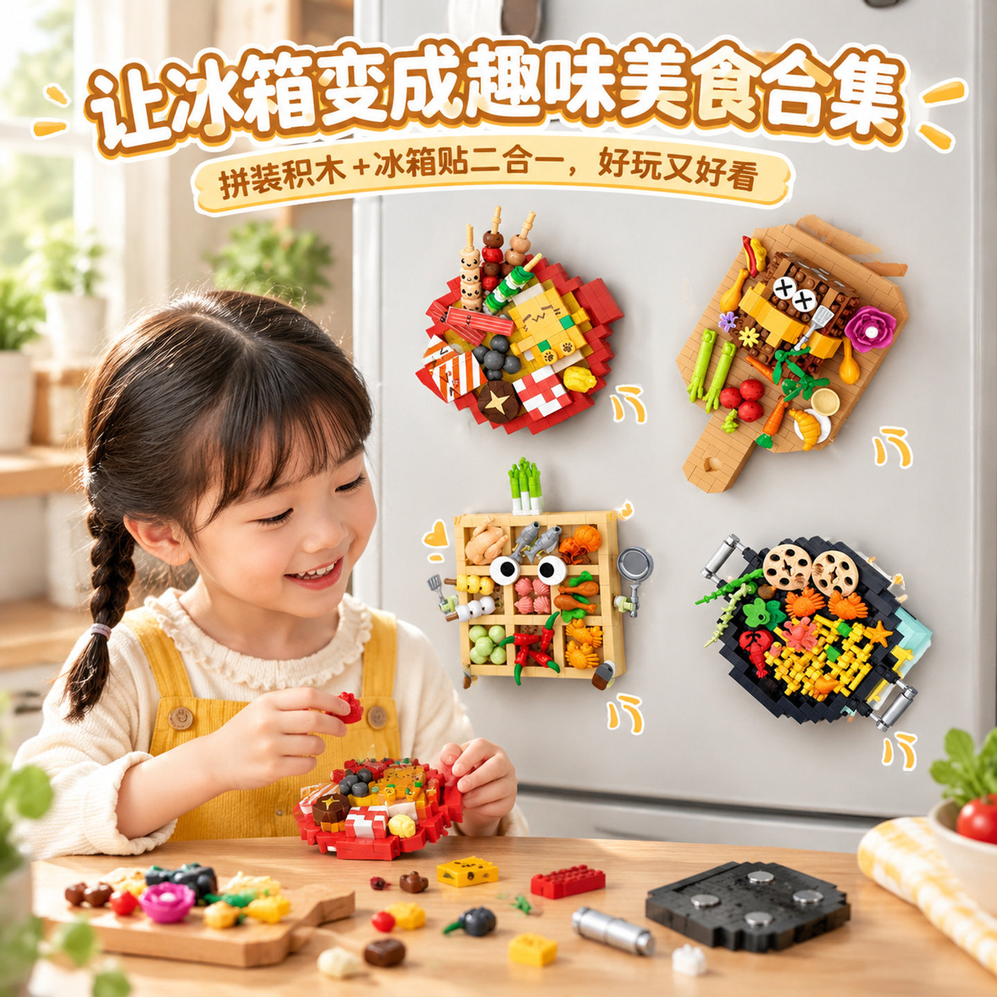 男女孩益智玩具可拼装积木材料包创意美食冰箱贴3到6岁小学生拼图