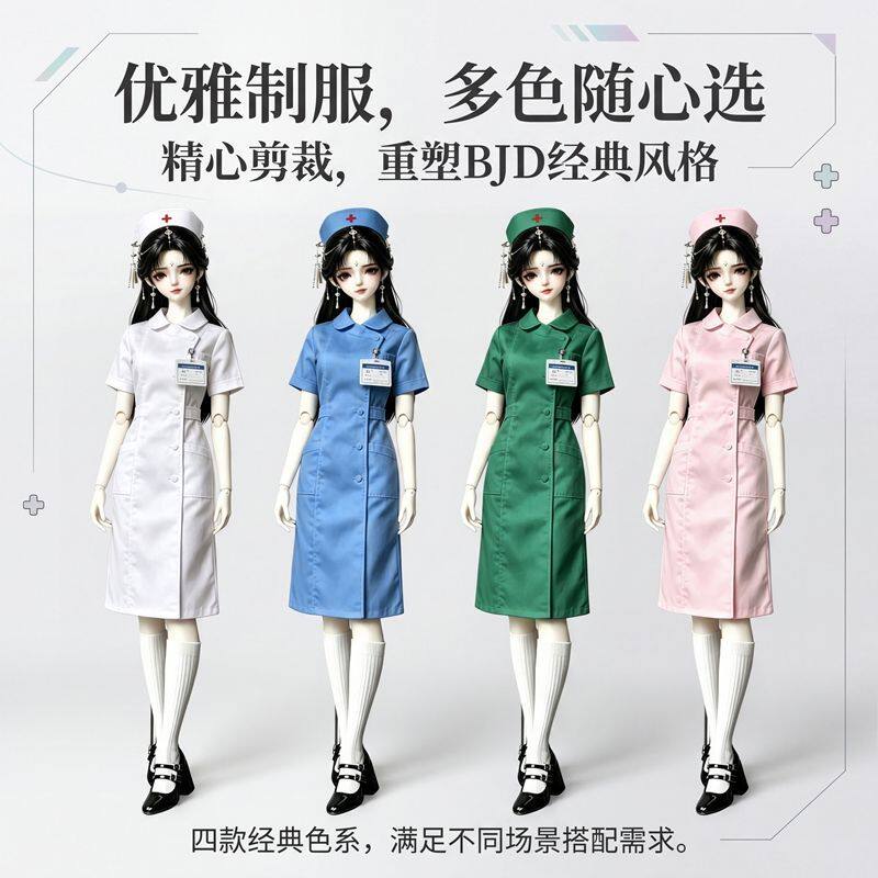 3分4分BJD娃衣 温柔 护士服连衣裙 护帽工牌 6分3分4分娃通用套装