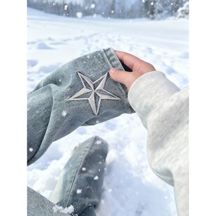 国潮星星刺绣微喇牛仔裤男款美式痞帅复古直筒裤子修身显瘦弯刀裤