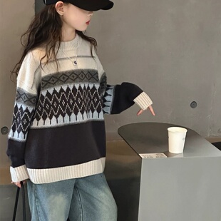 女童费尔岛毛衣秋冬新款儿童韩版套头针织衫冬季打底衫上衣外套潮