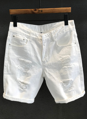 港风复古白色破洞牛仔短裤男夏季薄款设计感水洗休闲潮流五分裤