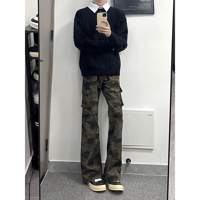 美式复古迷彩牛仔裤男款高街痞帅vibe修身水洗直筒工装弯刀微喇裤