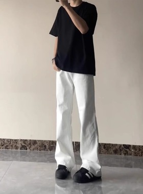 白色美式高街牛仔裤男夏季薄款cleanfit宽松显瘦垂感弯刀微喇裤子