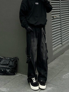 拼接直筒阔腿长裤 设计感美式 新款 男春季 子 高街复古重工做旧牛仔裤