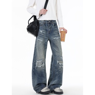 美式破坏补丁破洞牛仔裤男女款vintage小众痞帅宽松水洗阔腿裤子