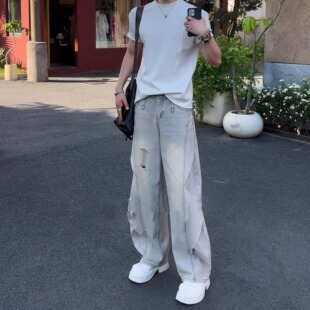 高街水洗痞帅宽松百搭弯刀阔腿长裤 美式 新款 复古破洞牛仔裤 男夏季