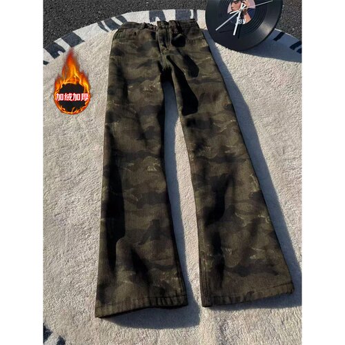 美式复古加绒迷彩牛仔裤显瘦裤子