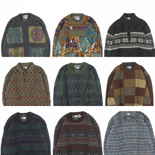 古着vintage复古日系宽松加厚纯撞色波普图案羊毛毛衣男女秋冬3