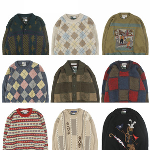古着vintage复古日系宽松撞色波普图案费尔岛纯羊毛衣男女秋冬5