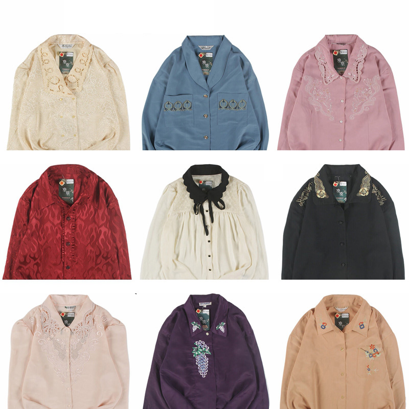 古着vintage复古日系百搭港风纯色宽松白色巴洛克长袖刺绣衬衫1