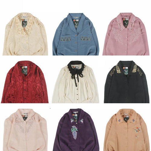 古着vintage复古日系百搭港风纯色宽松白色巴洛克长袖刺绣衬衫1