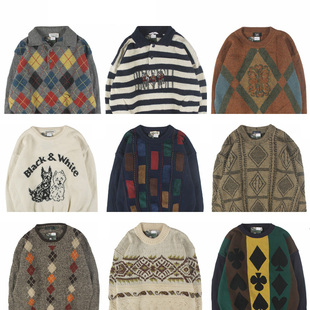 古着vintage复古日系宽松加厚撞色波普图案费尔纯羊毛衣男女秋冬6