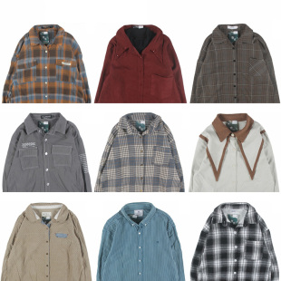 古着vintage复古孤品宽松纯色文艺加厚条纹格子衬衫 日系秋冬男女8