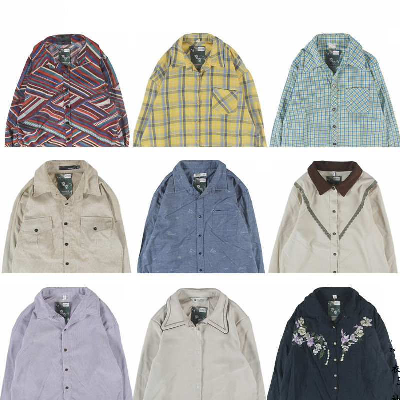 古着vintage复古纯色日系文艺条纹春秋冬宽松灯芯绒长袖衬衫男女2