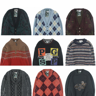 古着vintage复古日系宽松刺绣几何撞色波普图案纯羊毛衣男女秋冬9