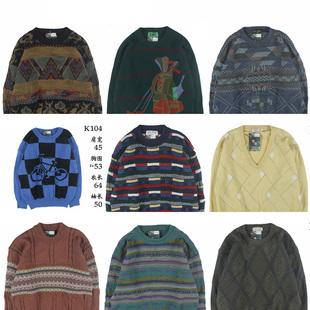 古着vintage复古日系宽松刺绣几何撞色波普图案纯羊毛衣男女秋冬0