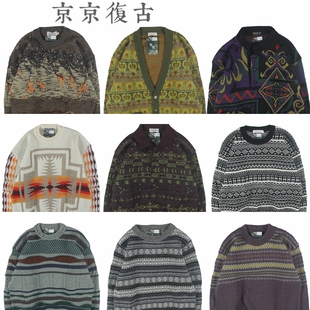古着vintage复古日系宽松加厚撞色波普图案羊毛衣男女秋冬12