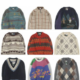 古着vintage复古日系宽松刺绣几何撞色波普图案纯羊毛衣男女秋冬1