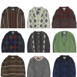 古着vintage复古日系宽松刺绣纯撞色波普图案纯羊毛衣男女秋冬29
