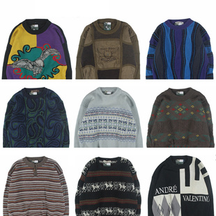 古着vintage复古日系宽松刺绣几何撞色波普图案纯羊毛衣男女秋冬1