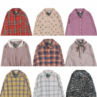 古着vintage复古宽松纯色文艺条纹衬衣格子长袖衬衫春秋冬男女26