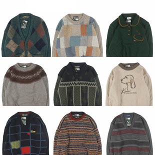 古着vintage复古日系宽松刺绣几何撞色波普图案纯羊毛衣男女秋冬8