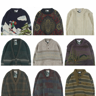 古着vintage复古日系宽松刺绣几何撞色波普图案纯羊毛衣男女秋冬5