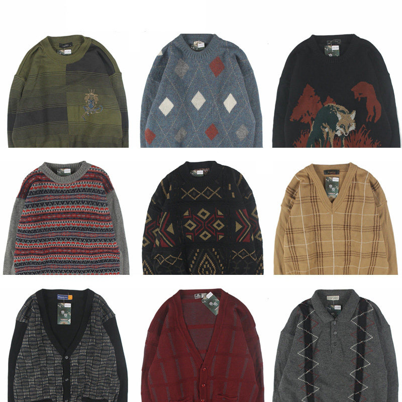古着vintage复古日系宽松加厚撞色波普图案费尔岛毛衣男女秋冬4