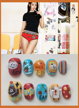 夏日美食短甲片ins手绘穿戴甲纯手工捏捏短椭圆穿戴甲短甲纯手做