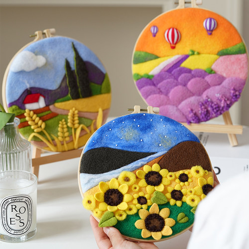 羊毛毡羊毛毡diy刺绣花朵风景画 画材料包摆件手工diy礼物送男友