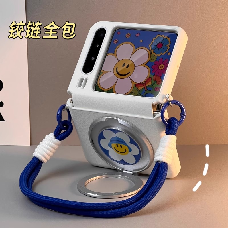 花朵笑脸支架适用华为puraX手机壳中轴全包pocket2荣耀magicv小米MIXFlip2三星Zflip6皮质N3filp折叠屏razr50