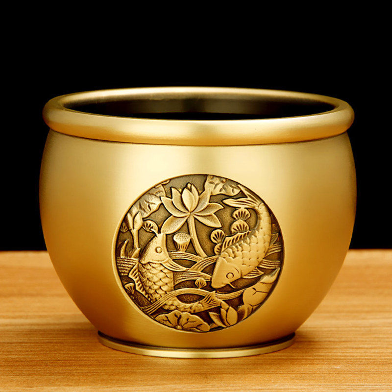 招财进宝百福铜缸黄铜米缸貔貅聚宝盆摆件客厅家居小铜盆存钱罐