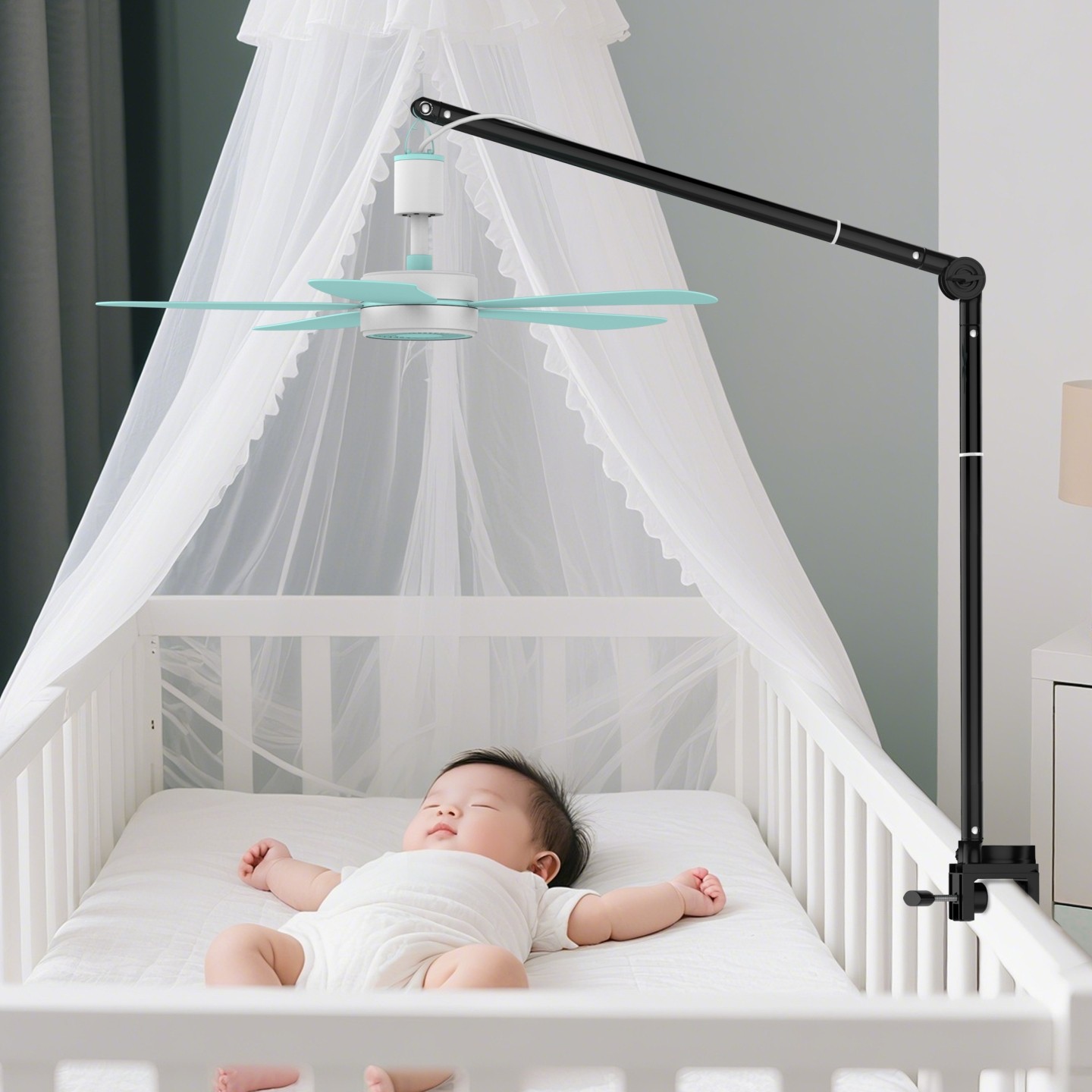 婴儿床小吊扇支架夹式静音蚊帐微风扇专用床头床上横杆固定支撑架