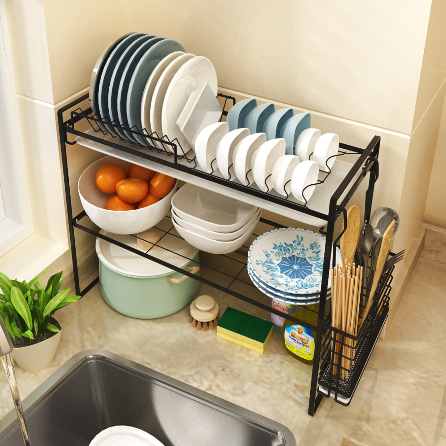 家用厨房台面双层沥水碗架调料架