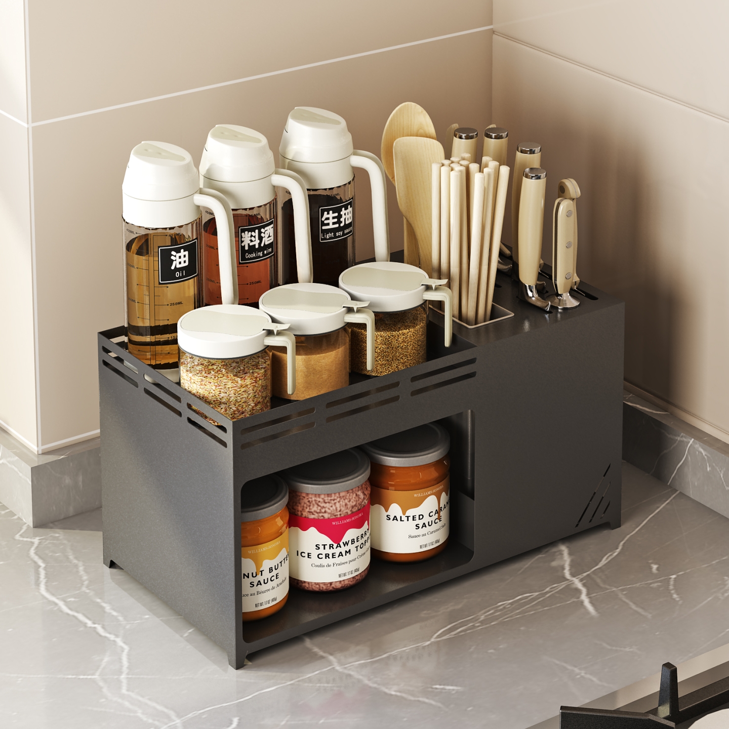 不锈钢调料架厨房置物架调味品收纳架多功能一体台式菜刀具筷子笼