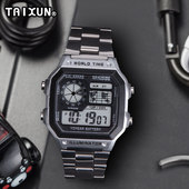 时尚 复古小方形钢带电子手表夜光多功能防水潮流高颜值气质男表