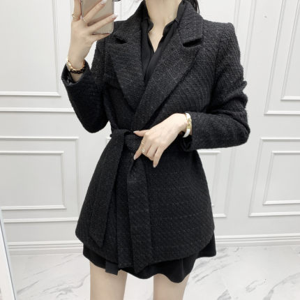 黑色小香风外套女2024秋冬新款中长款粗花呢高级感系带西装上衣潮
