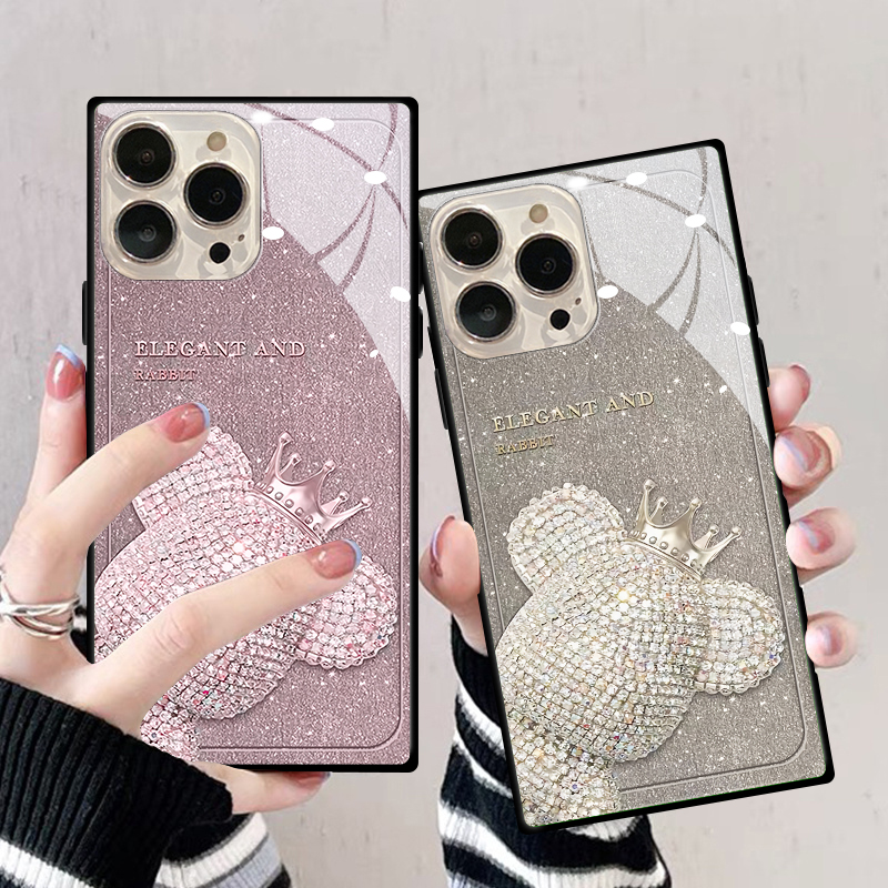 ins贵族熊玻璃适用于苹果15PLUS手机壳14promax方形iphone12保护套13mini好好生活xRmax潮情侣