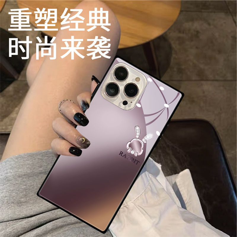 可爱钻石兔玻璃适用于苹果15PLUS手机壳14promax方形iphone12保护套13mini好好生活xRmax潮卡通