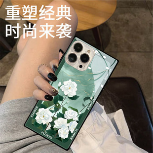 新款 简约iphone13pro方形玻璃12mini绿墨白山茶11XRS潮7保护壳 适用于苹果15promax手机壳14Plus个性