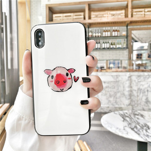 8p可爱个性 网红适用于苹果15promax玻璃手机壳iphone14plus卡通猪xrs13pro保护套11