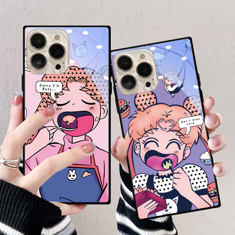 卡通棒棒糖少女适用于苹果16promax手机壳14PLUS方形玻璃Phone13mini文艺创意12XR防摔保护套15