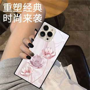 12XR防摔保护套可7 好运莲莲粉适用苹果17promax手机壳14PLUS方形玻璃Phone13mini文艺创意少女个性