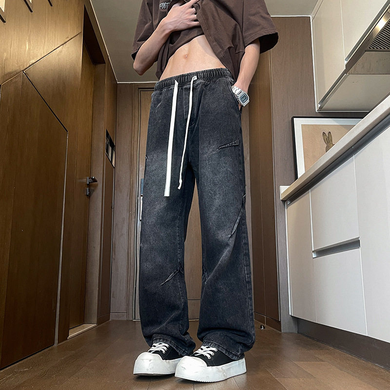 2025春秋款美式高街大码宽松直筒休闲潮流百搭打折抽绳男女牛仔裤