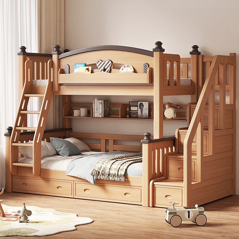 榉木上下铺双层床全实木带书架高低铺两层高箱子母床儿童床上下床
