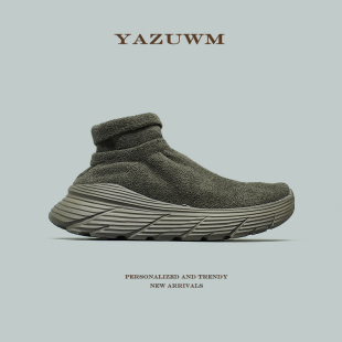 稀缺捡漏秋冬呢绒弹力网布高帮袜子鞋男女一脚蹬健身健步外贸跑鞋